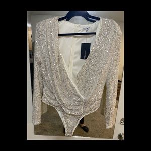 NWT* FasionNova Speechless in sequin bodysuit- silver